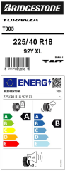 225/40R18 92Y XL * TURANZA T005 RFT BMW 1 BRIDGESTONE