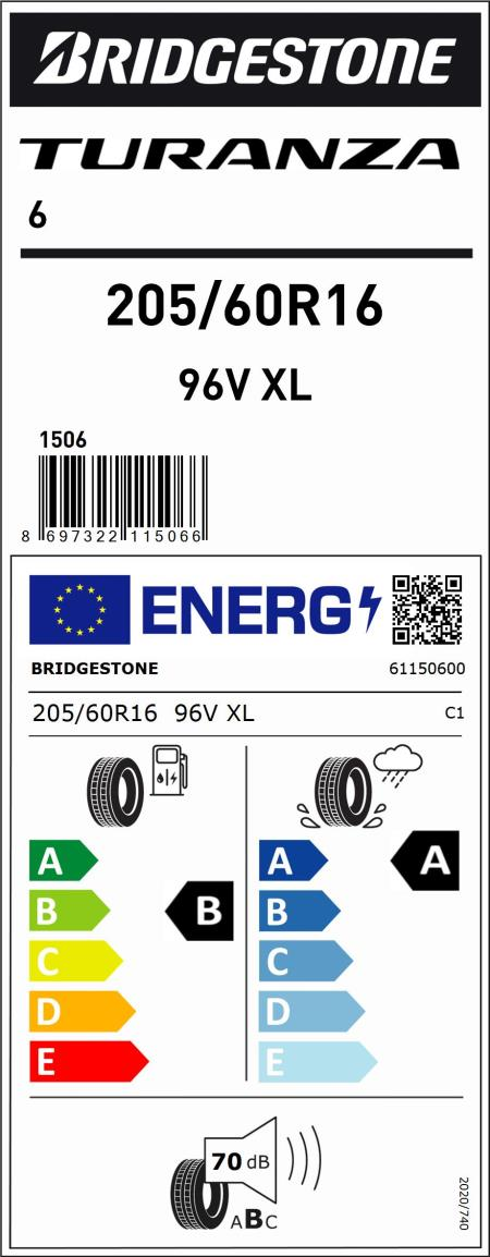 205/60R16 96V XL TURANZA 6 BRIDGESTONE